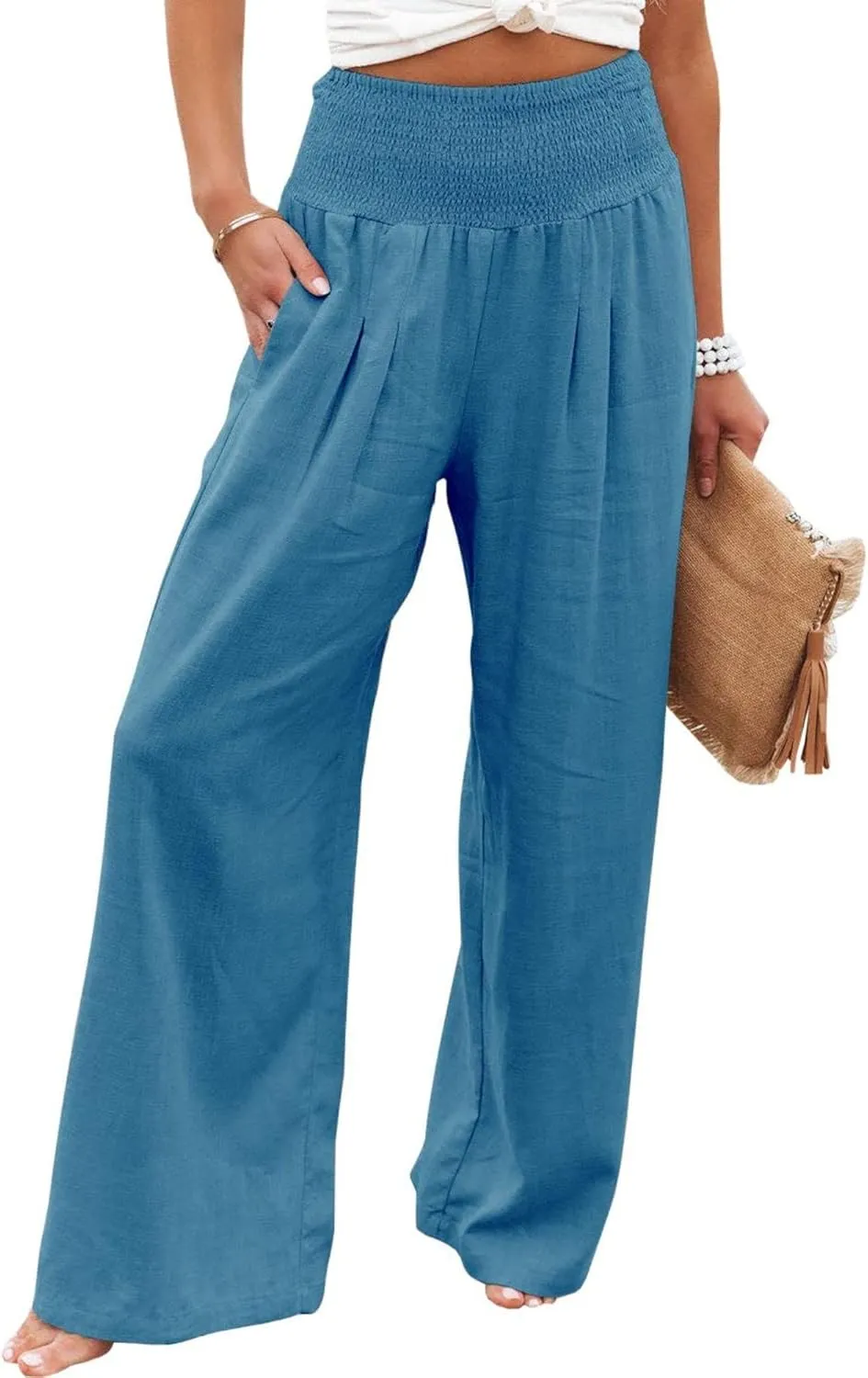 Linen Pants Women Wide Leg Boho Palazzo Pants 2025 Casual Elastic High Waisted Pants Drawstring Lounge Trousers