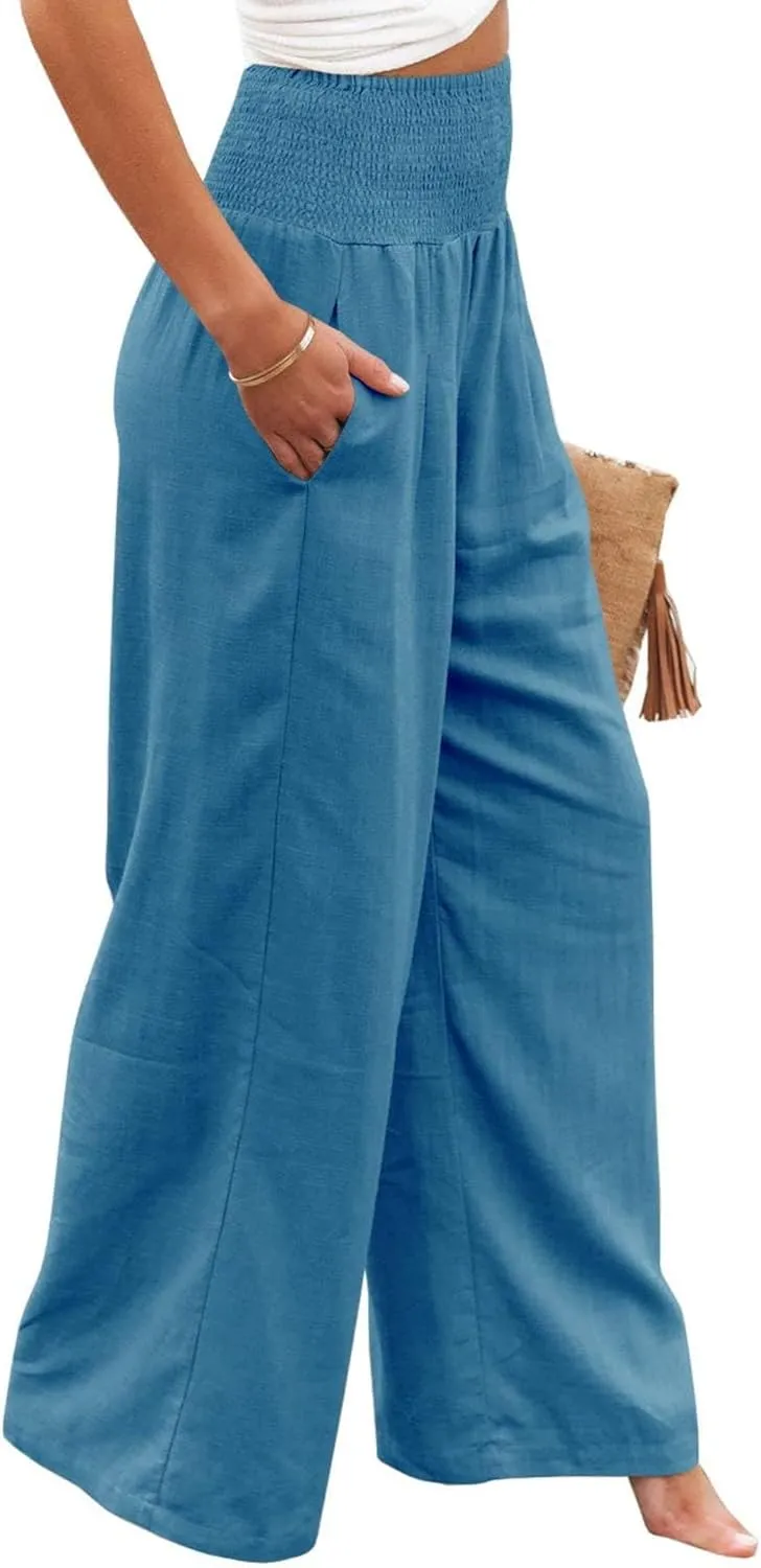 Linen Pants Women Wide Leg Boho Palazzo Pants 2025 Casual Elastic High Waisted Pants Drawstring Lounge Trousers