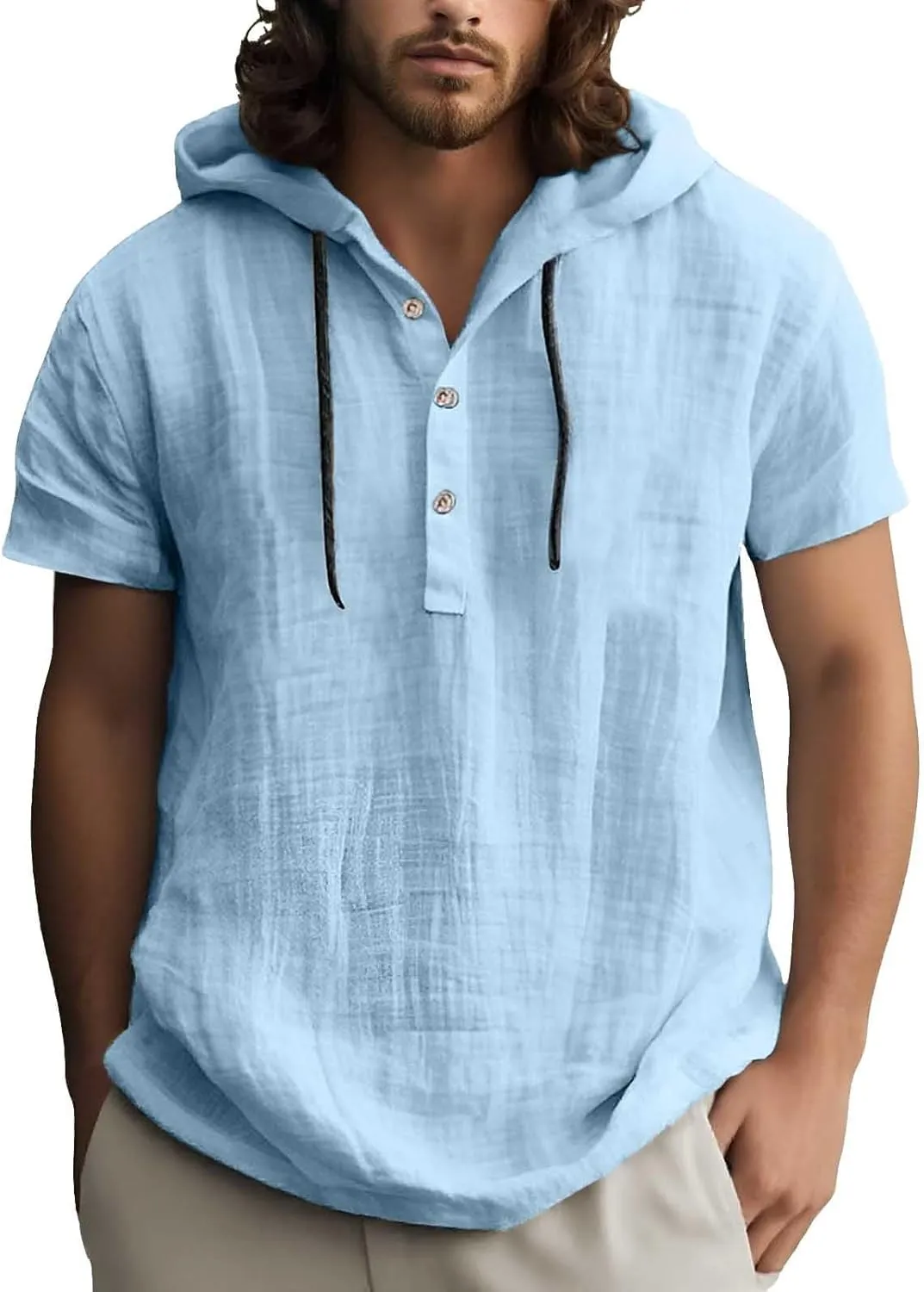 Linen Shirts for Men Button Up Long Sleeve Shirts with Hood Loose Lightweight Fit Breathable Boho Beach Solid Hoodie