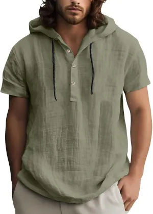 Linen Shirts for Men Button Up Long Sleeve Shirts with Hood Loose Lightweight Fit Breathable Boho Beach Solid Hoodie
