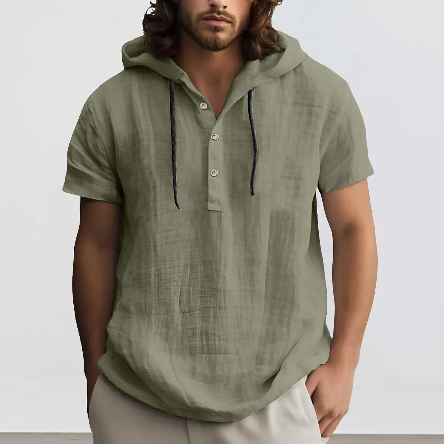 Linen Shirts for Men Button Up Long Sleeve Shirts with Hood Loose Lightweight Fit Breathable Boho Beach Solid Hoodie