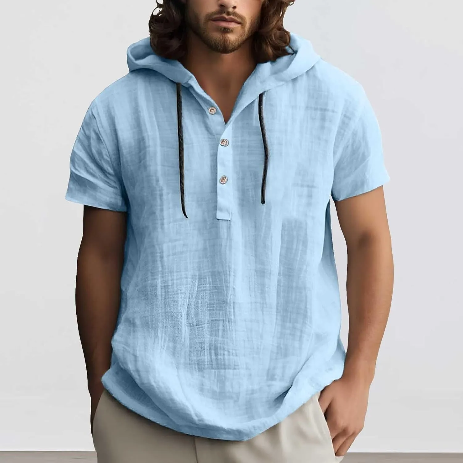 Linen Shirts for Men Button Up Long Sleeve Shirts with Hood Loose Lightweight Fit Breathable Boho Beach Solid Hoodie