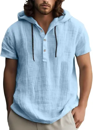 Linen Shirts for Men Button Up Long Sleeve Shirts with Hood Loose Lightweight Fit Breathable Boho Beach Solid Hoodie