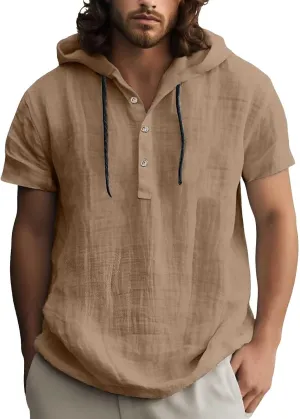 Linen Shirts for Men Button Up Long Sleeve Shirts with Hood Loose Lightweight Fit Breathable Boho Beach Solid Hoodie