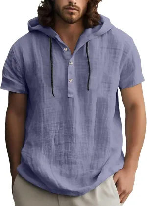 Linen Shirts for Men Button Up Long Sleeve Shirts with Hood Loose Lightweight Fit Breathable Boho Beach Solid Hoodie