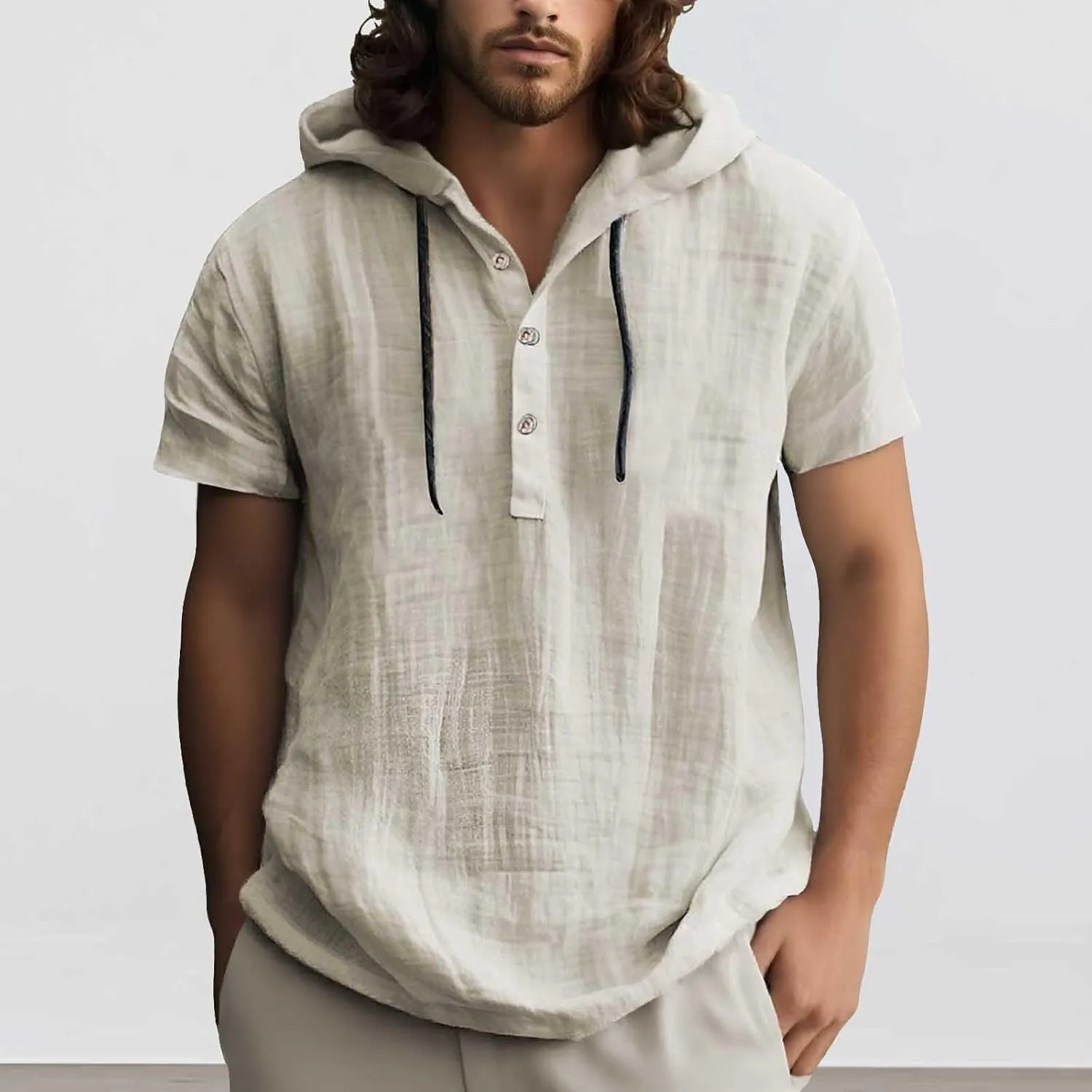 Linen Shirts for Men Button Up Long Sleeve Shirts with Hood Loose Lightweight Fit Breathable Boho Beach Solid Hoodie