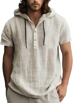 Linen Shirts for Men Button Up Long Sleeve Shirts with Hood Loose Lightweight Fit Breathable Boho Beach Solid Hoodie