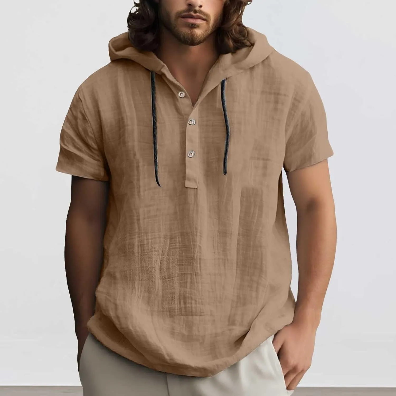 Linen Shirts for Men Button Up Long Sleeve Shirts with Hood Loose Lightweight Fit Breathable Boho Beach Solid Hoodie