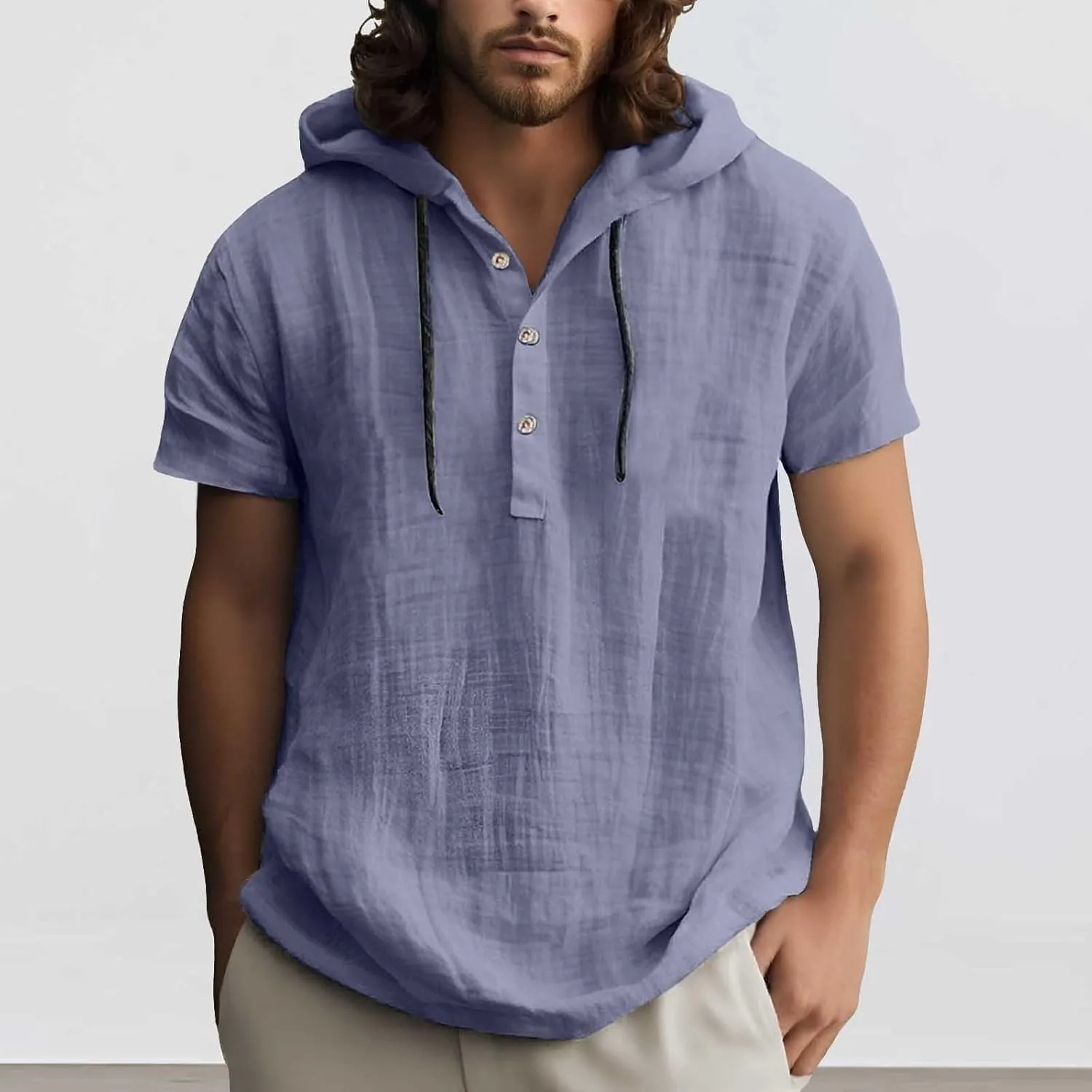 Linen Shirts for Men Button Up Long Sleeve Shirts with Hood Loose Lightweight Fit Breathable Boho Beach Solid Hoodie