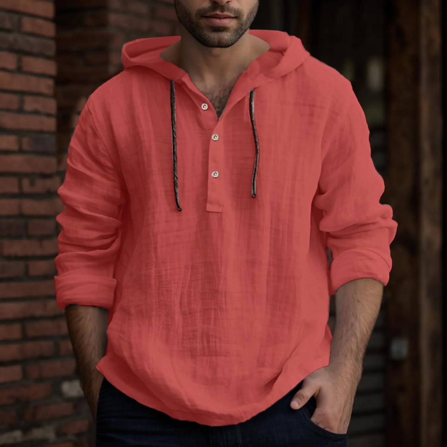 Linen Shirts for Men Lightweight Button Up Long Sleeve Shirts with Hood Casual Basic Loose Fit Breathable Boho Beach Shirt