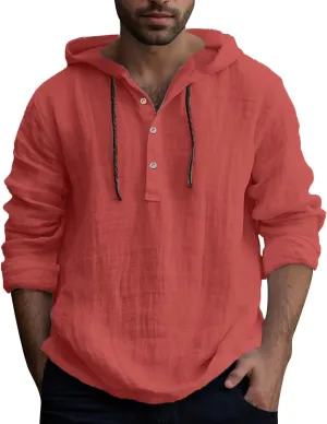 Linen Shirts for Men Lightweight Button Up Long Sleeve Shirts with Hood Casual Basic Loose Fit Breathable Boho Beach Shirt