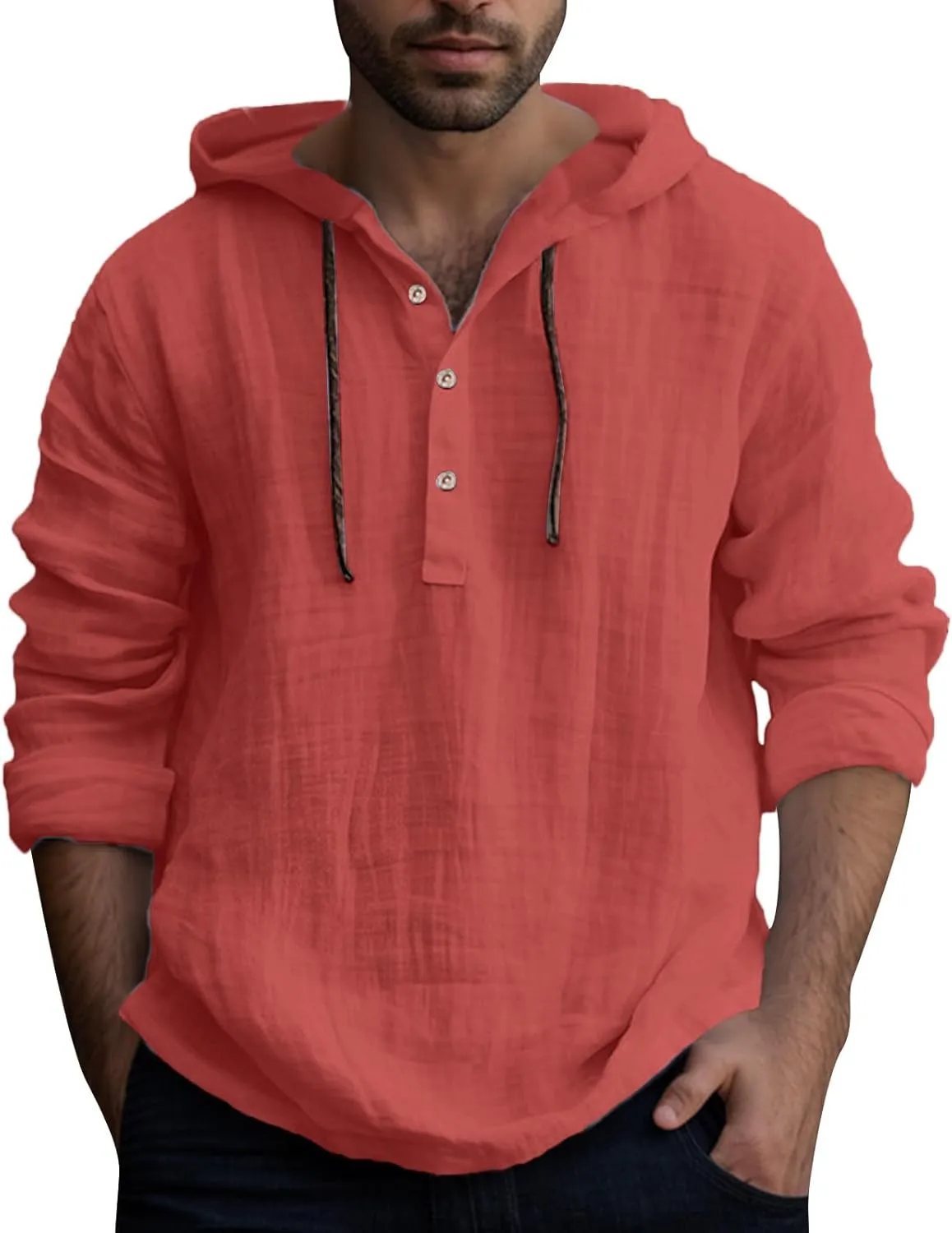 Linen Shirts for Men Lightweight Button Up Long Sleeve Shirts with Hood Casual Basic Loose Fit Breathable Boho Beach Shirt