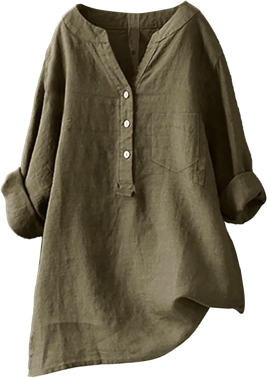 Linen Shirts for Women 3/4 Sleeve V Neck Blouses Buttons Plus Size Loose Fit T-Shirts Solid Color Summer Holiday Tops