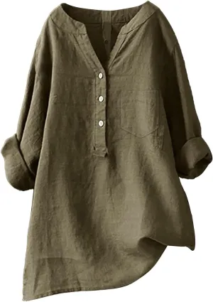 Linen Shirts for Women 3/4 Sleeve V Neck Blouses Buttons Plus Size Loose Fit T-Shirts Solid Color Summer Holiday Tops