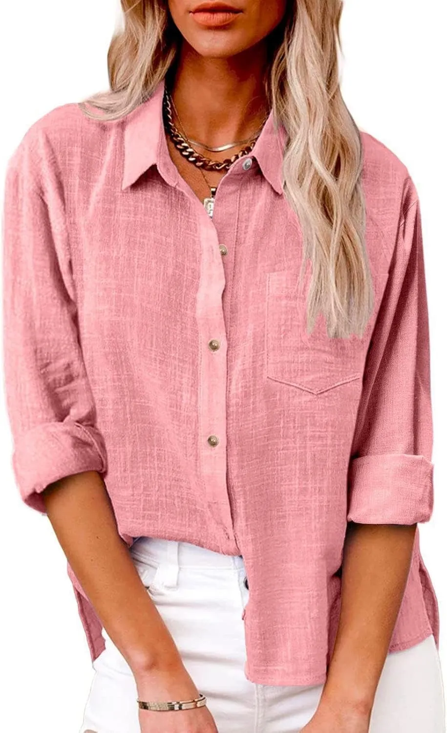 Linen Shirts for Women Button Down Plain T-Shirts Long Sleeve Collared Casual Blouses Dressy Work Tops with Pockets