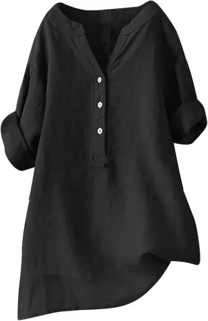 Linen Shirts for Women Button Down V Neck Boho Tees Short Sleeve Loose Fit Beach Tops Plus Size Casual Work Blouses