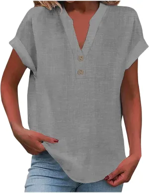 Linen Shirts for Women Loose Fit Vacation Short Sleeve Boho Tops Casual Button Up V Neck T Shirts Solid Summer Blouse