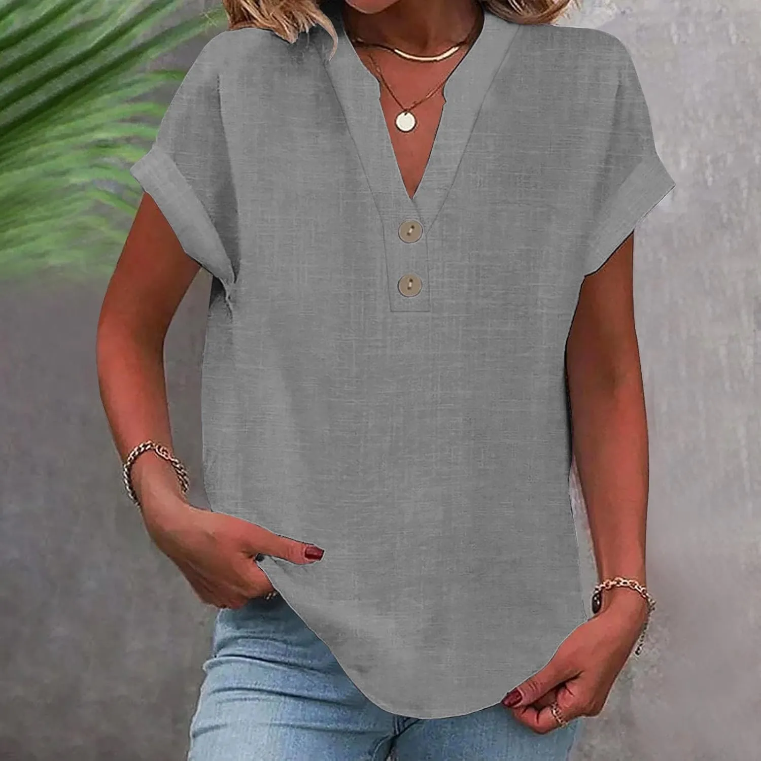 Linen Shirts for Women Loose Fit Vacation Short Sleeve Boho Tops Casual Button Up V Neck T Shirts Solid Summer Blouse