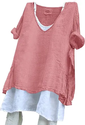 Linen Shirts for Women V Neck Long Rolled Sleeve Office Work Tops Casual Boho Vintage Vacation Tees Shirt Blouse