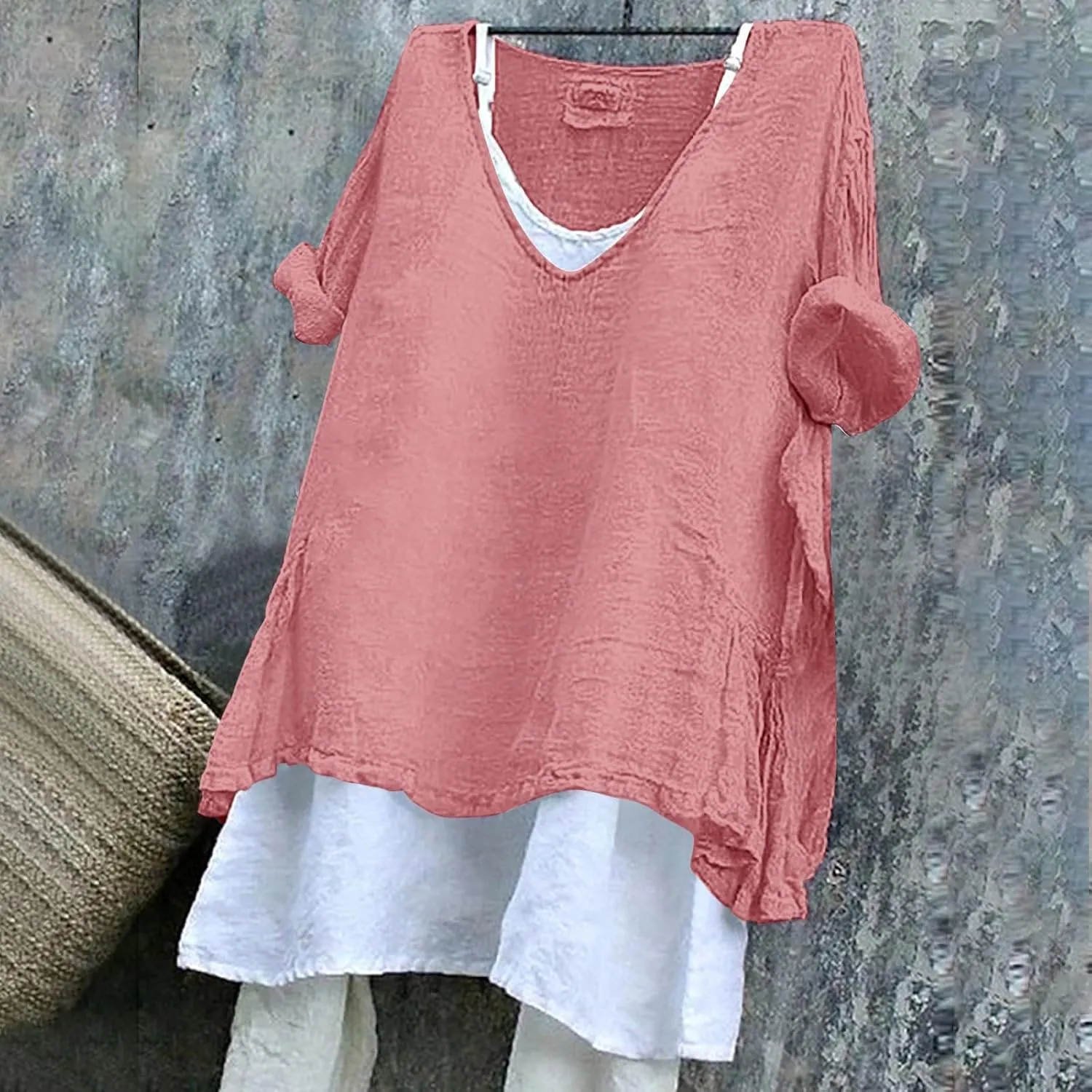 Linen Shirts for Women V Neck Long Rolled Sleeve Office Work Tops Casual Boho Vintage Vacation Tees Shirt Blouse