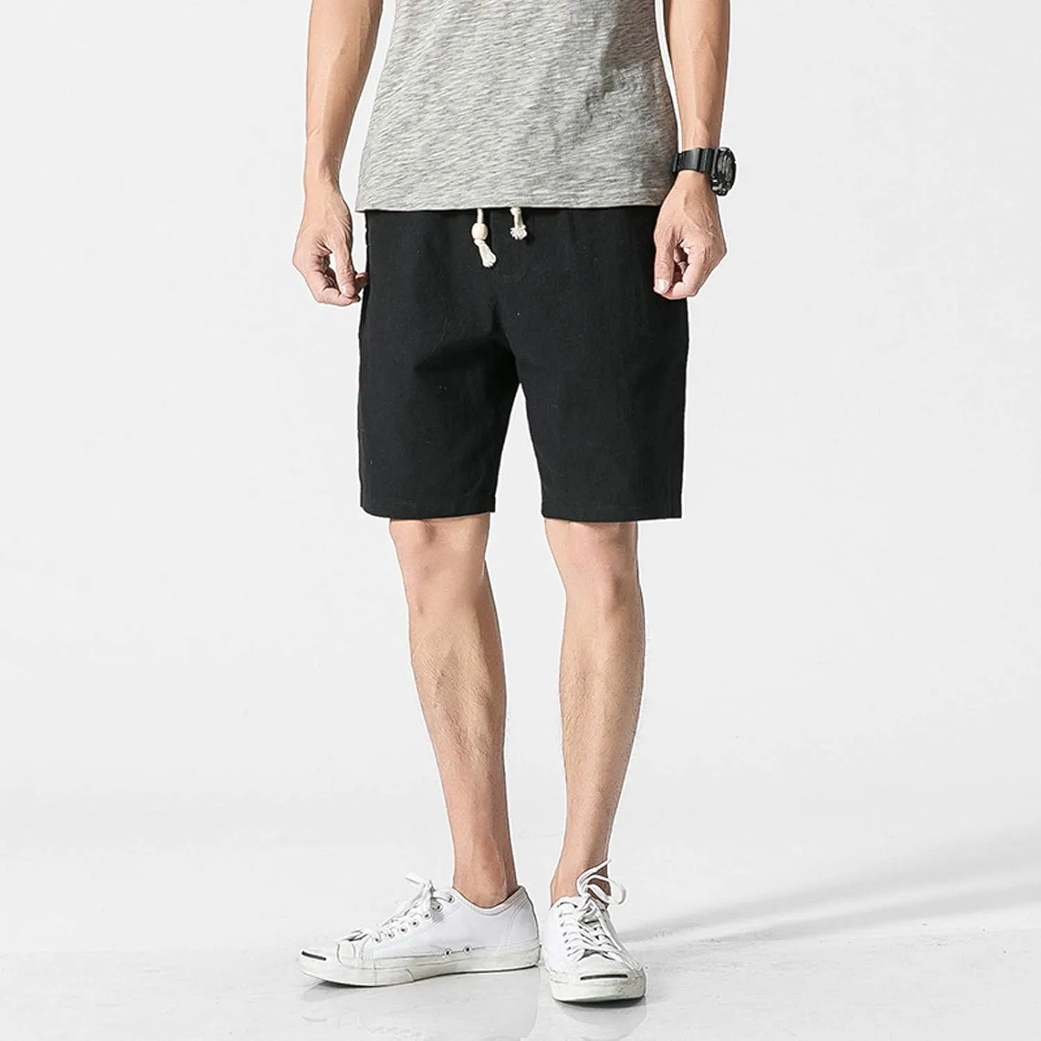 Linen Shorts for Men Casual Cotton Elastic Waist Drawstring Linen Shorts Summer Beach Lightweight Shorts