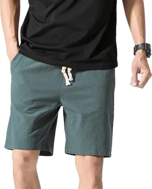 Linen Shorts for Men Casual Cotton Elastic Waist Drawstring Linen Shorts Summer Beach Lightweight Shorts