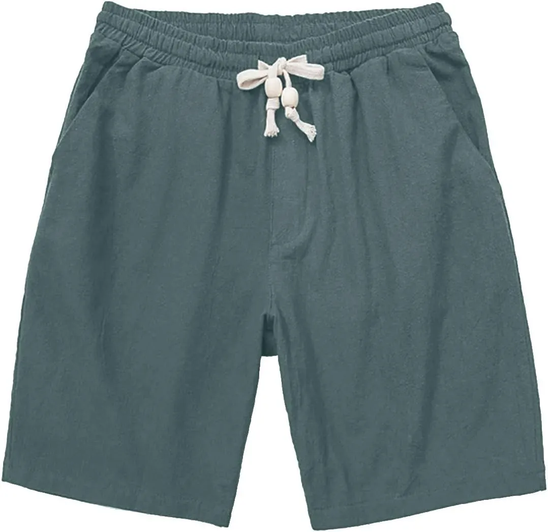 Linen Shorts for Men Casual Cotton Elastic Waist Drawstring Linen Shorts Summer Beach Lightweight Shorts