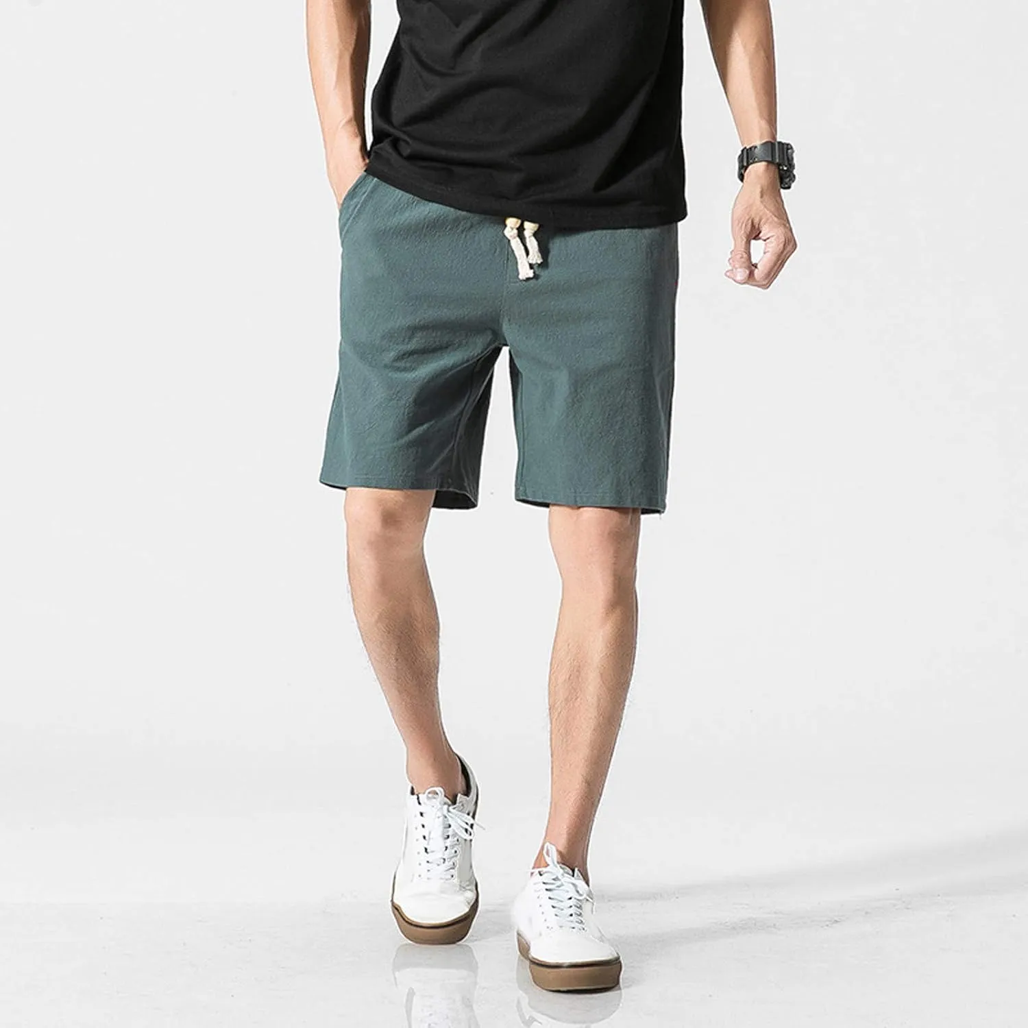 Linen Shorts for Men Casual Cotton Elastic Waist Drawstring Linen Shorts Summer Beach Lightweight Shorts