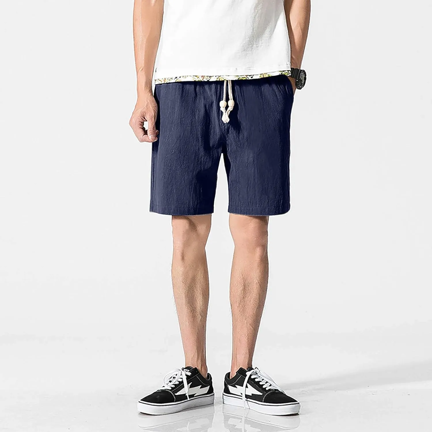 Linen Shorts for Men Casual Cotton Elastic Waist Drawstring Linen Shorts Summer Beach Lightweight Shorts