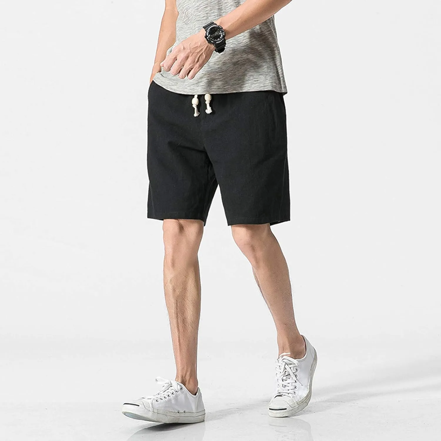 Linen Shorts for Men Casual Cotton Elastic Waist Drawstring Linen Shorts Summer Beach Lightweight Shorts