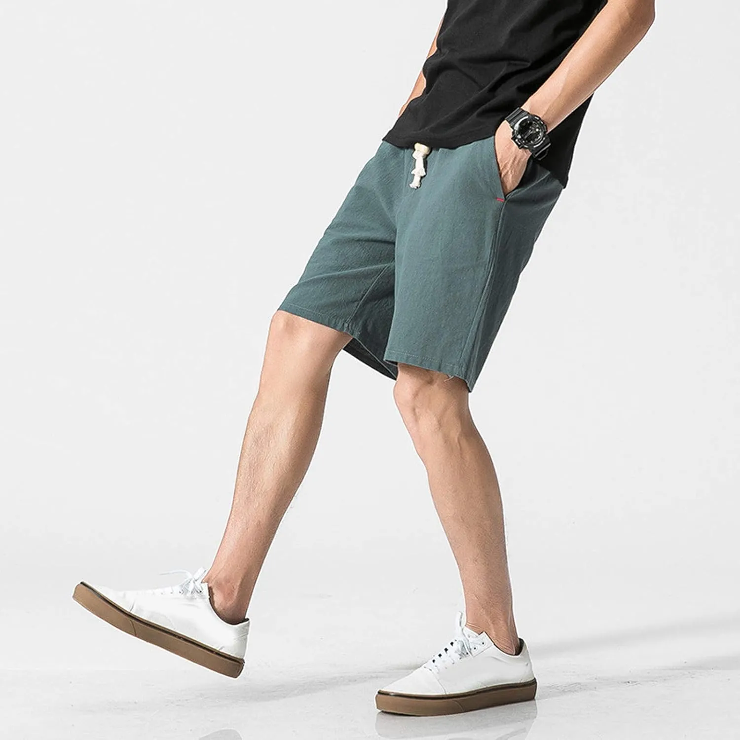 Linen Shorts for Men Casual Cotton Elastic Waist Drawstring Linen Shorts Summer Beach Lightweight Shorts