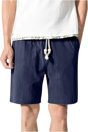 Linen Shorts for Men Casual Cotton Elastic Waist Drawstring Linen Shorts Summer Beach Lightweight Shorts