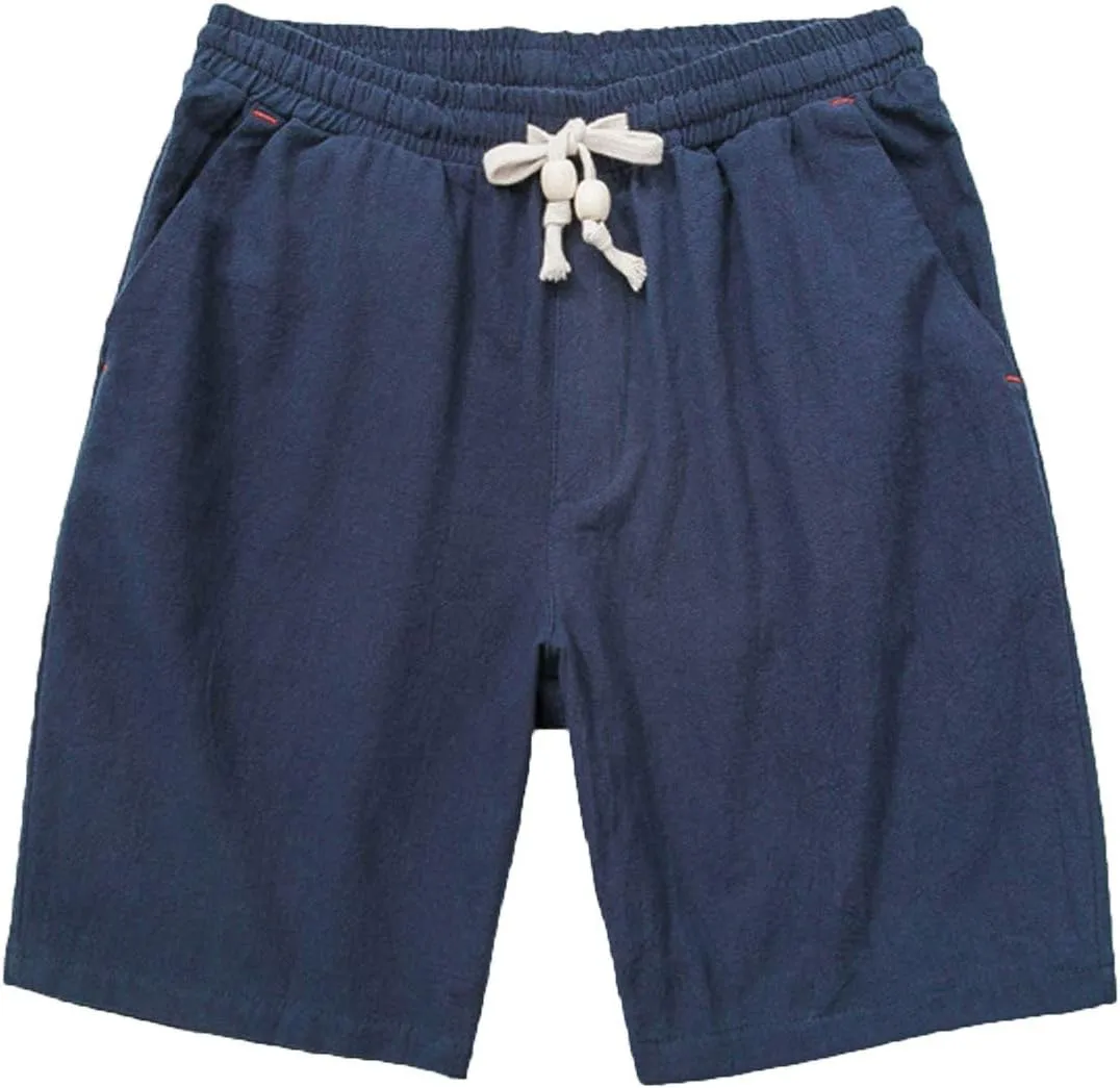 Linen Shorts for Men Casual Cotton Elastic Waist Drawstring Linen Shorts Summer Beach Lightweight Shorts