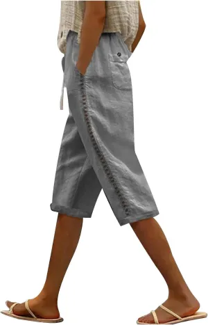 Linen Shorts for Women 2025 Summer Cotton Linen Bermuda Shorts Side Hollow Out Knee Length Beach Shorts with Pocket