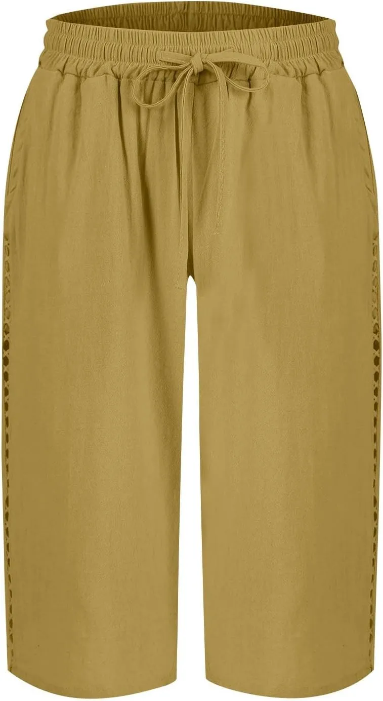 Linen Shorts for Women Summer Drawstring Waisted Knee Length Bermuda Shorts Casual Loose Beach Shorts with Pockets