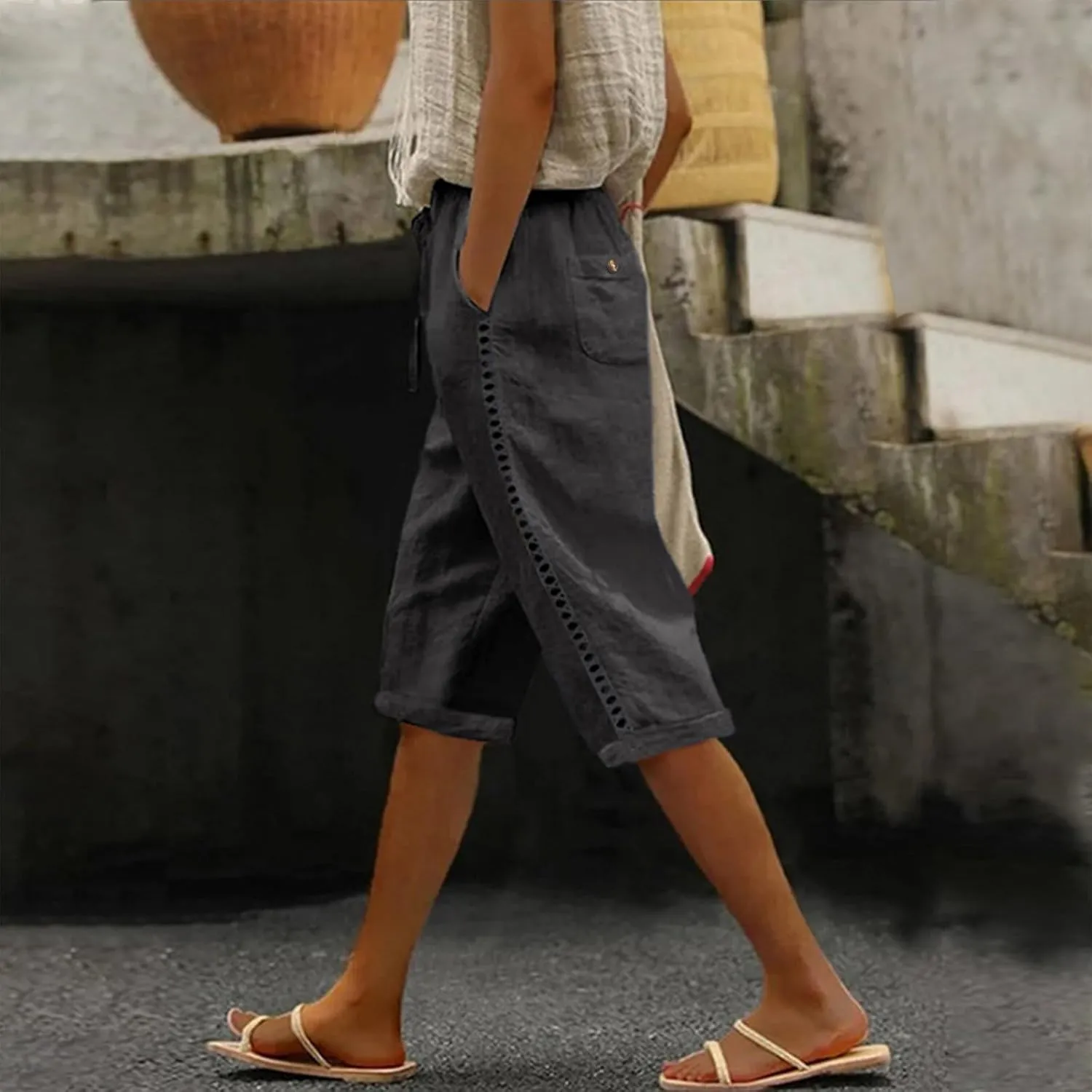Linen Shorts for Women Summer Drawstring Waisted Knee Length Bermuda Shorts Casual Loose Beach Shorts with Pockets