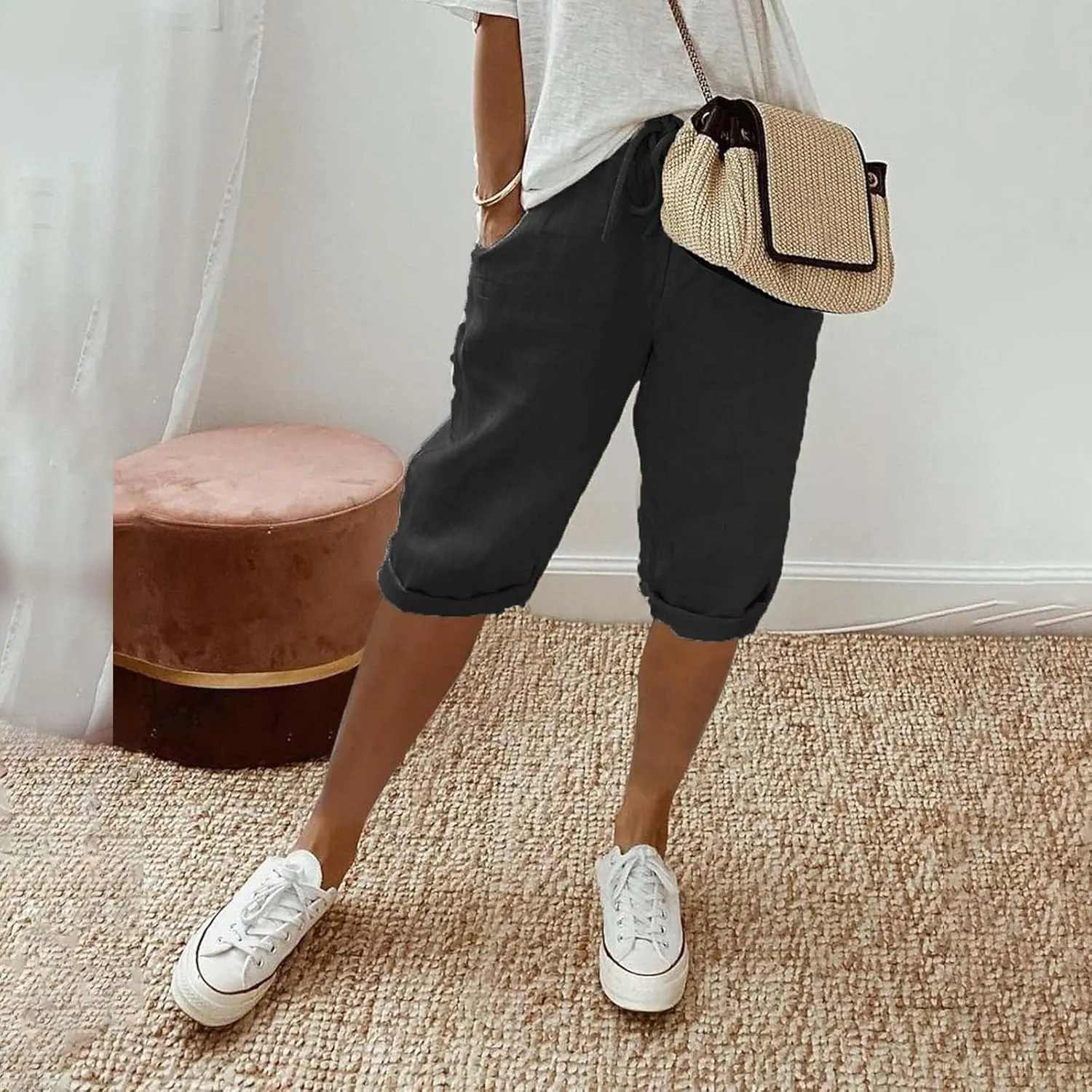 Linen Shorts for Women Summer Drawstring Waisted Knee Length Bermuda Shorts Casual Loose Beach Shorts with Pockets