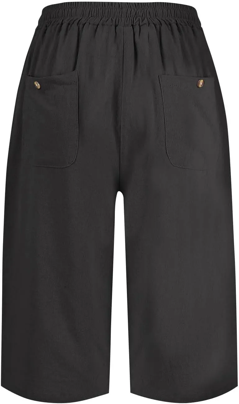 Linen Shorts for Women Summer Drawstring Waisted Knee Length Bermuda Shorts Casual Loose Beach Shorts with Pockets