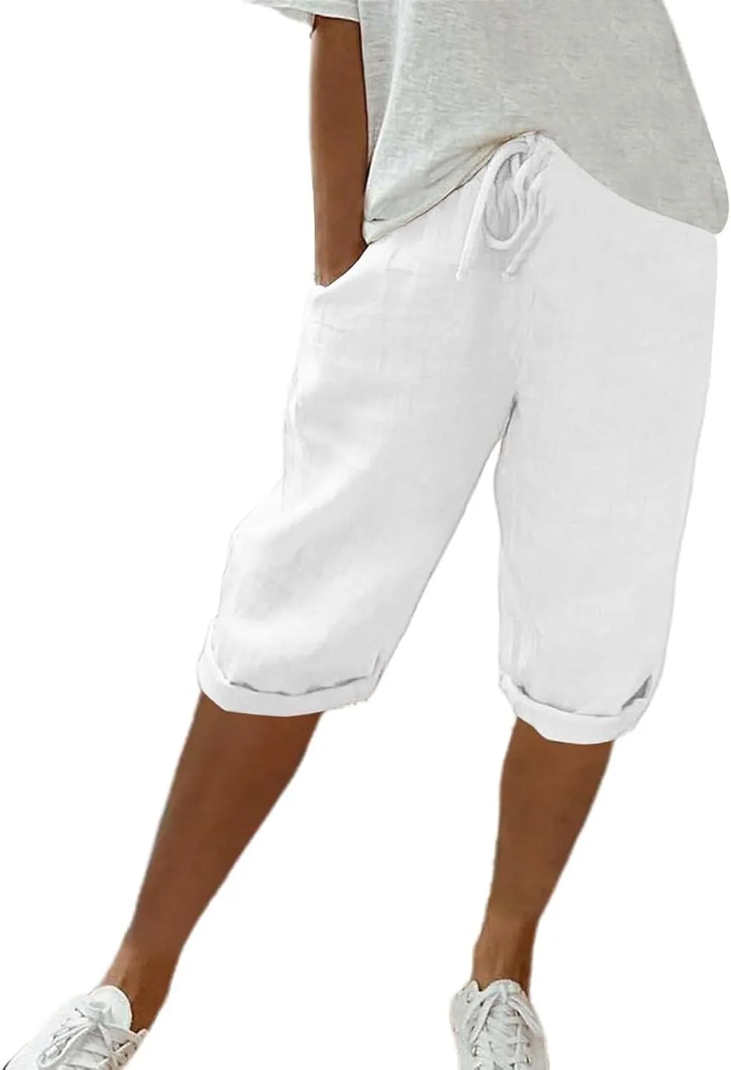 Linen Shorts for Women Summer Drawstring Waisted Knee Length Bermuda Shorts Casual Loose Beach Shorts with Pockets