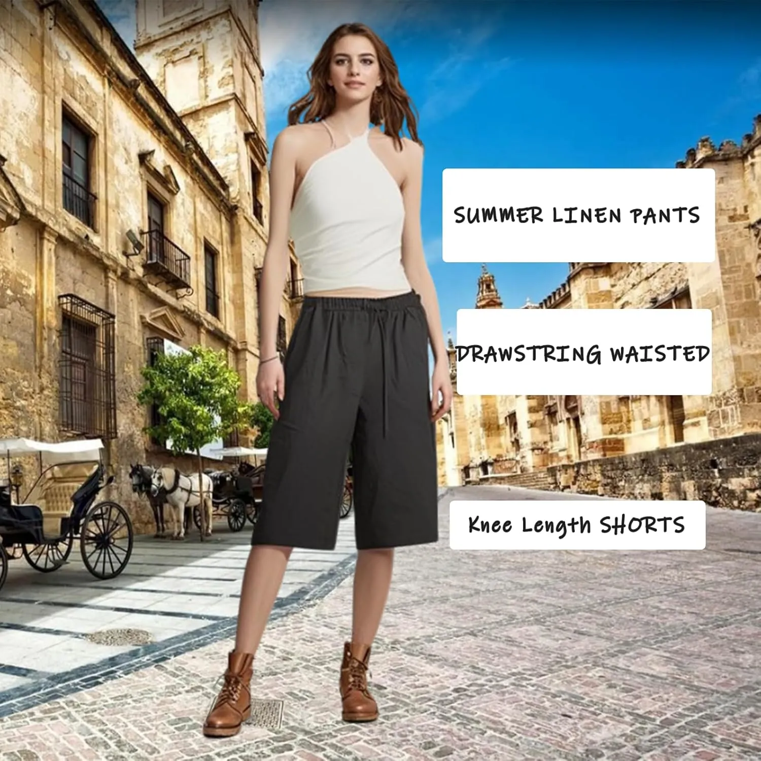 Linen Shorts for Women Summer Drawstring Waisted Knee Length Bermuda Shorts Casual Loose Beach Shorts with Pockets
