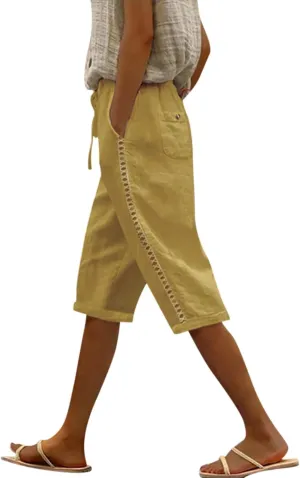 Linen Shorts for Women Summer Drawstring Waisted Knee Length Bermuda Shorts Casual Loose Beach Shorts with Pockets