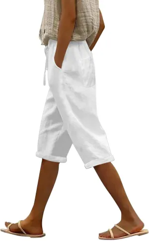 Linen Shorts for Women Summer Drawstring Waisted Knee Length Bermuda Shorts Casual Loose Beach Shorts with Pockets