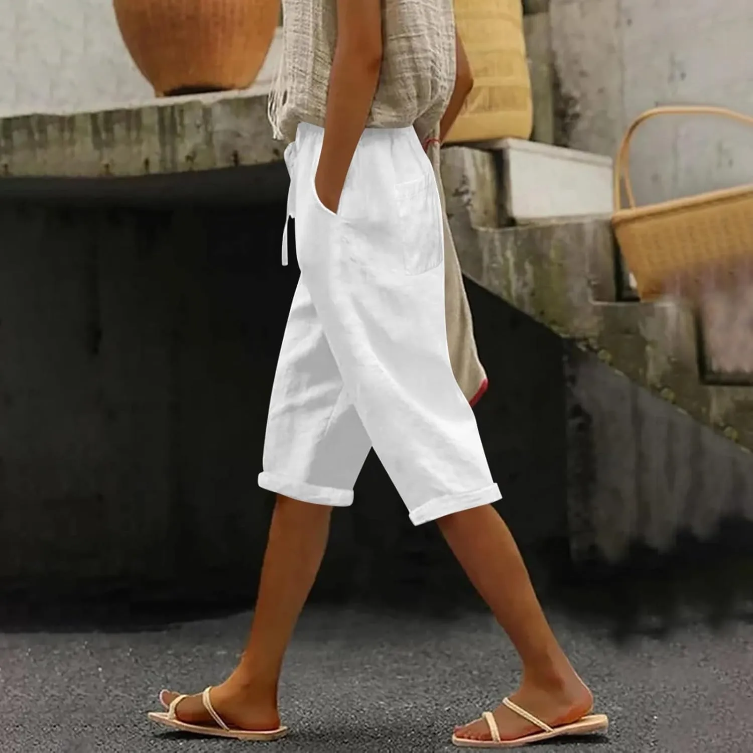Linen Shorts for Women Summer Drawstring Waisted Knee Length Bermuda Shorts Casual Loose Beach Shorts with Pockets