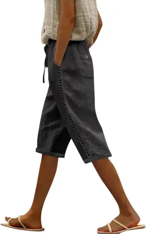 Linen Shorts for Women Summer Drawstring Waisted Knee Length Bermuda Shorts Casual Loose Beach Shorts with Pockets