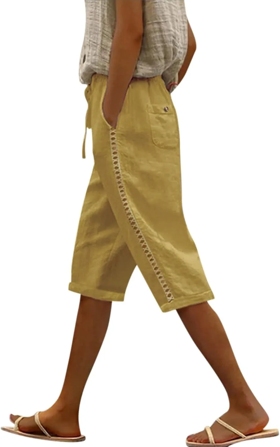 Linen Shorts for Women Summer Drawstring Waisted Knee Length Bermuda Shorts Casual Loose Beach Shorts with Pockets