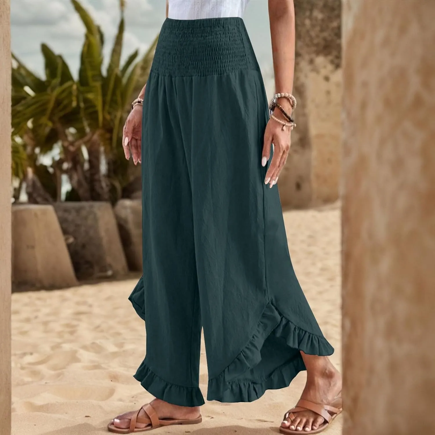 Linen Wide Leg Pants for Women 2025 Stretch Smocked High Waisted Ruffle Hem Palazzo Pants Summer Casual Beach Pant