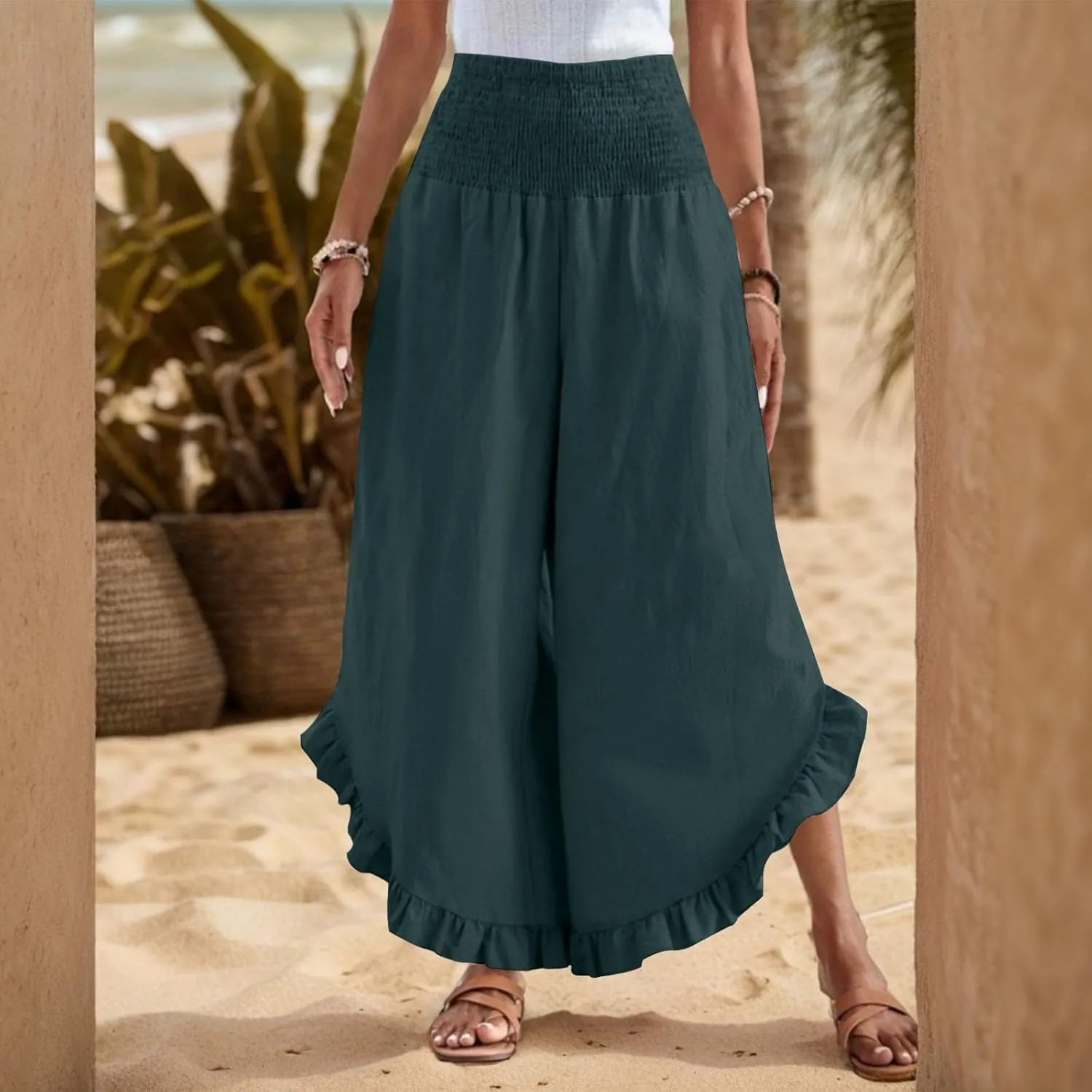 Linen Wide Leg Pants for Women 2025 Stretch Smocked High Waisted Ruffle Hem Palazzo Pants Summer Casual Beach Pant