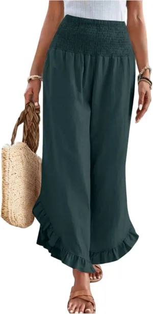 Linen Wide Leg Pants for Women 2025 Stretch Smocked High Waisted Ruffle Hem Palazzo Pants Summer Casual Beach Pant