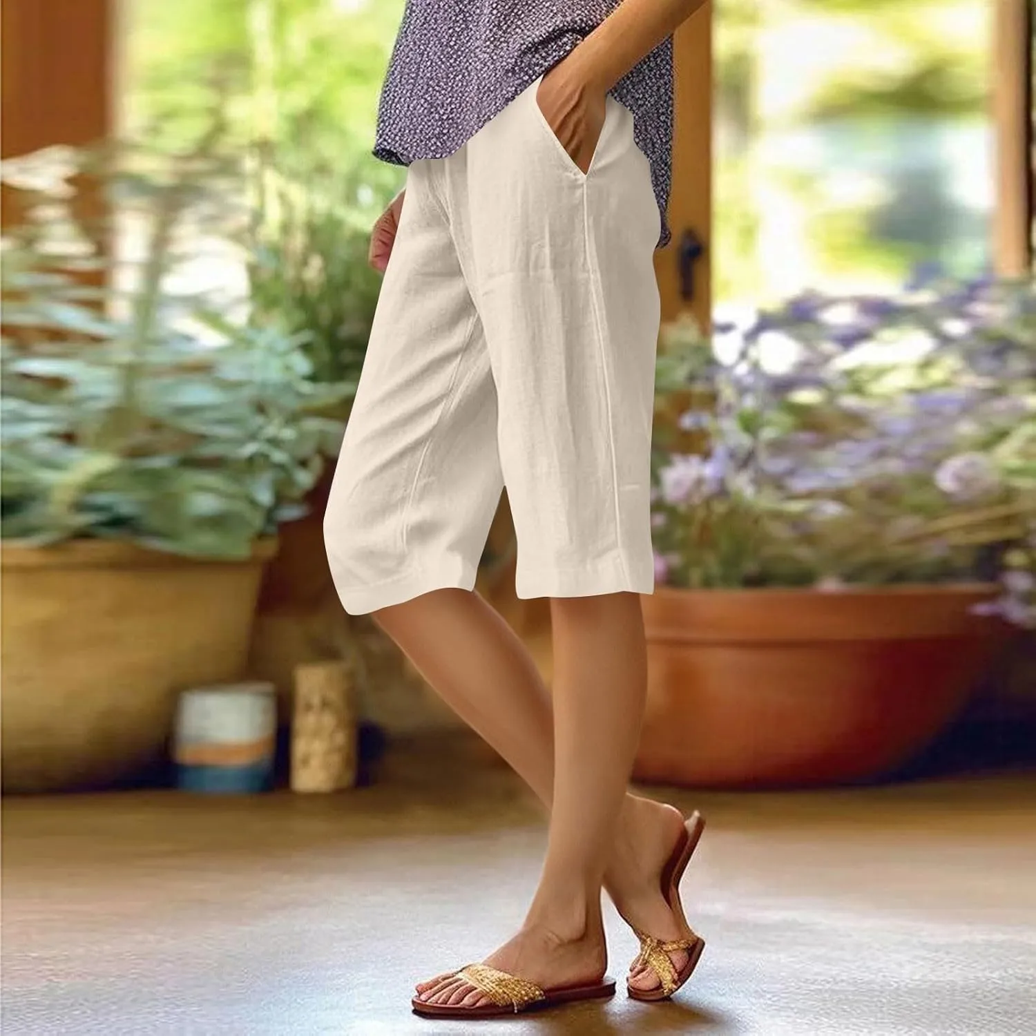 Lmdudan Linen Shorts for Women Knee Length Wide Leg Bermuda Shorts 2025 Trendy Lightweight Casual Shorts Plus Size Capris