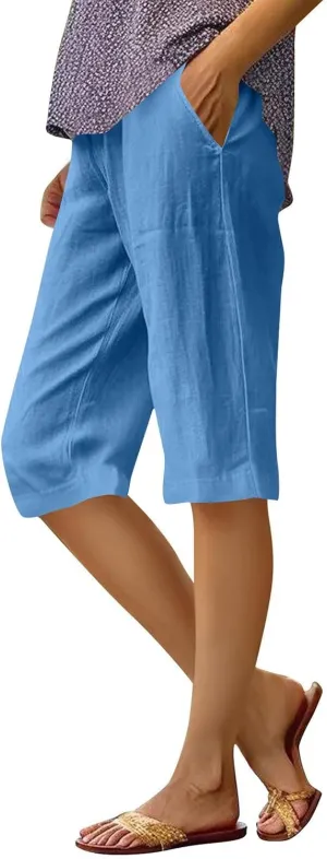 Lmdudan Linen Shorts for Women Knee Length Wide Leg Bermuda Shorts 2025 Trendy Lightweight Casual Shorts Plus Size Capris